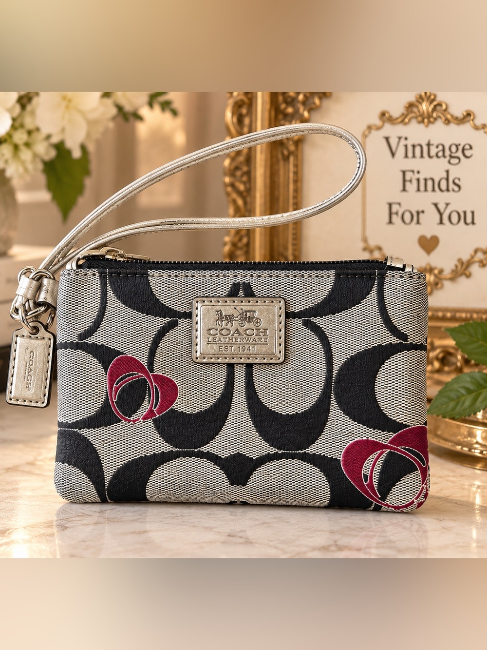 Coach Black & Pink Signature Canvas Wristlet